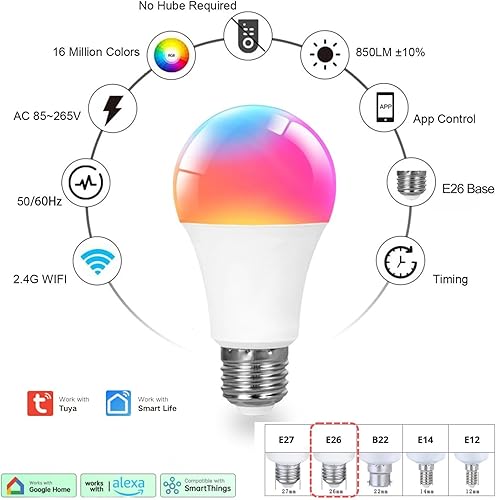 Miniatura 7 de Bombilla inteligente A19, 9 W, 900 lúmenes, RGB+CCT, 16 millones de colores vibrantes para bricolaje, sincronización de música a través de Tuya