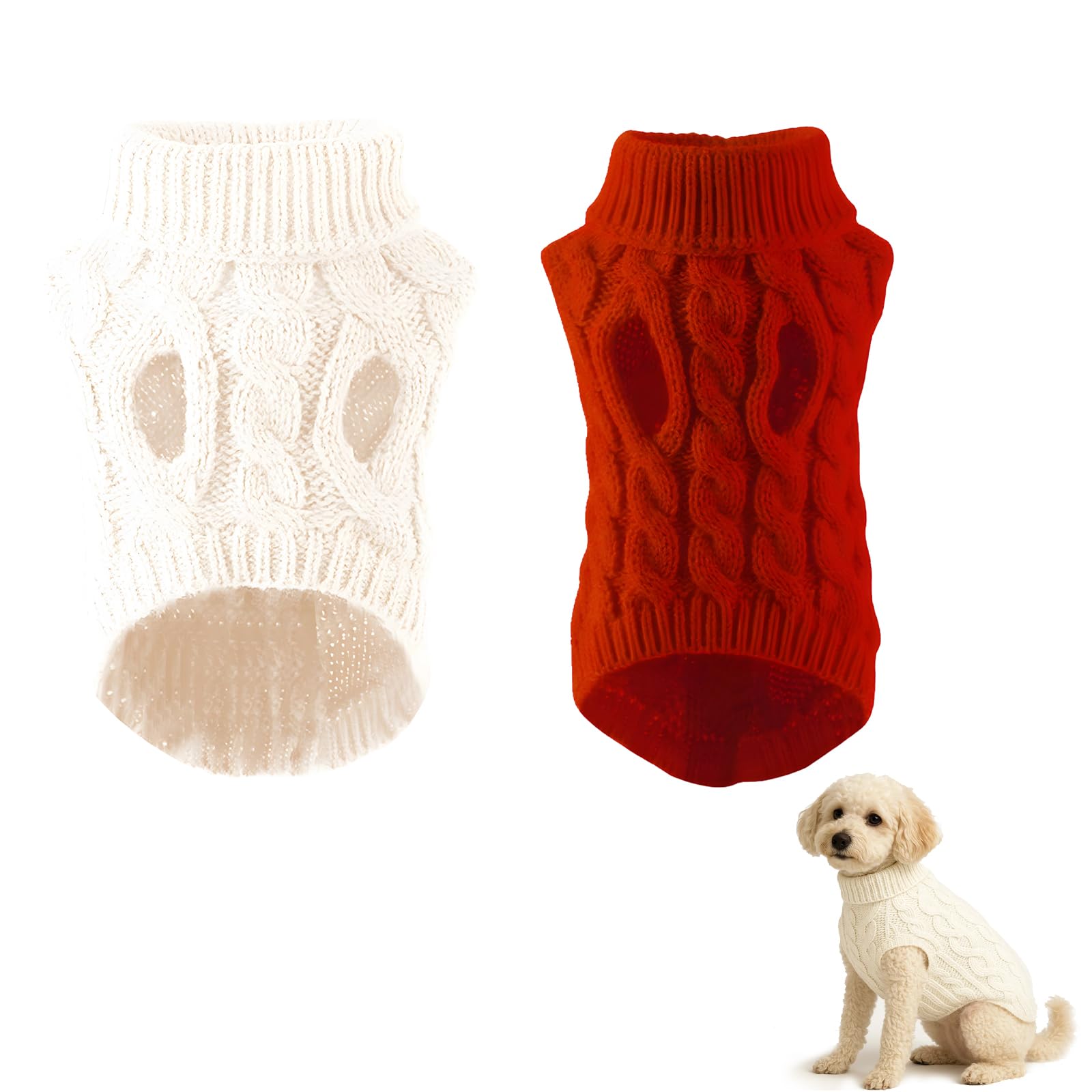 2PCS Dog Jumpers, Dog Jumper, Cozy Knit Sweater for Puppies and Small Breeds, Warm Winter Clothes with Turtleneck (white and red)