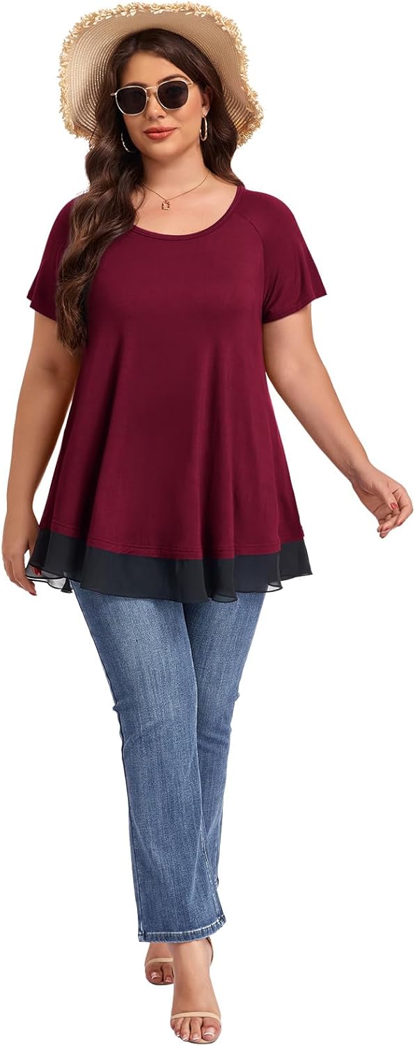 LARACE Plus Size Tunic Tops for Womens Summer Clothes Dressy Round Neck Short Sleeve Shirts Flowy Chiffon Blouses - Image 5