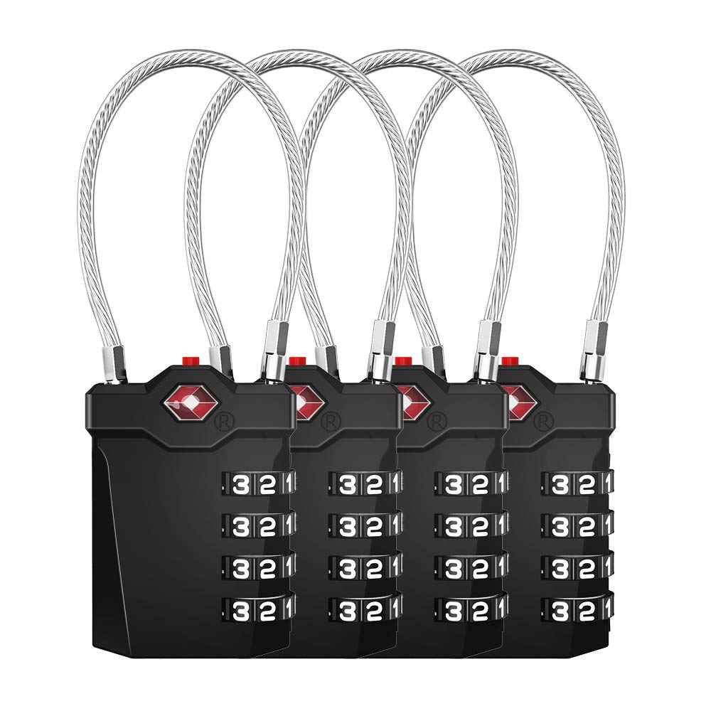 ZHEGETSA Suitcase Locks, TSA Approved Luggage Locks, White Code Padlock for Travel with Open Alert Indicator and 5.5in Flexible Cable, 4-Digit Combination Padlocks for Lockers (Black, 4 Pack)