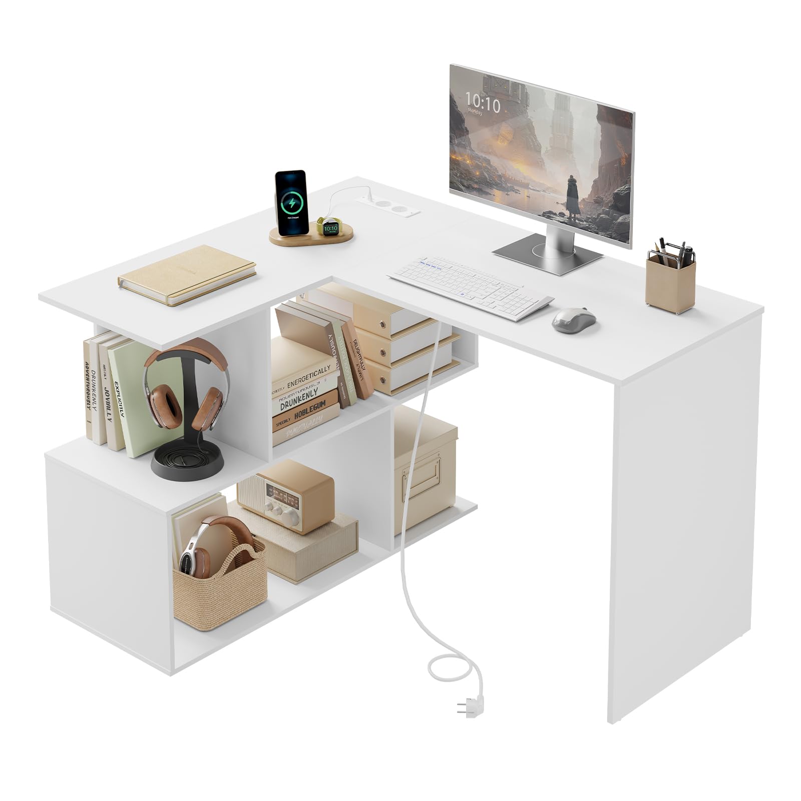 WOLTU Eckschreibtisch mit Regal, Schreibtisch L Form aus Holz, mit 2 Steckdosen, 120x100x75 cm, für Büro Schlafzimmer Arbeitszimmer, Weiß