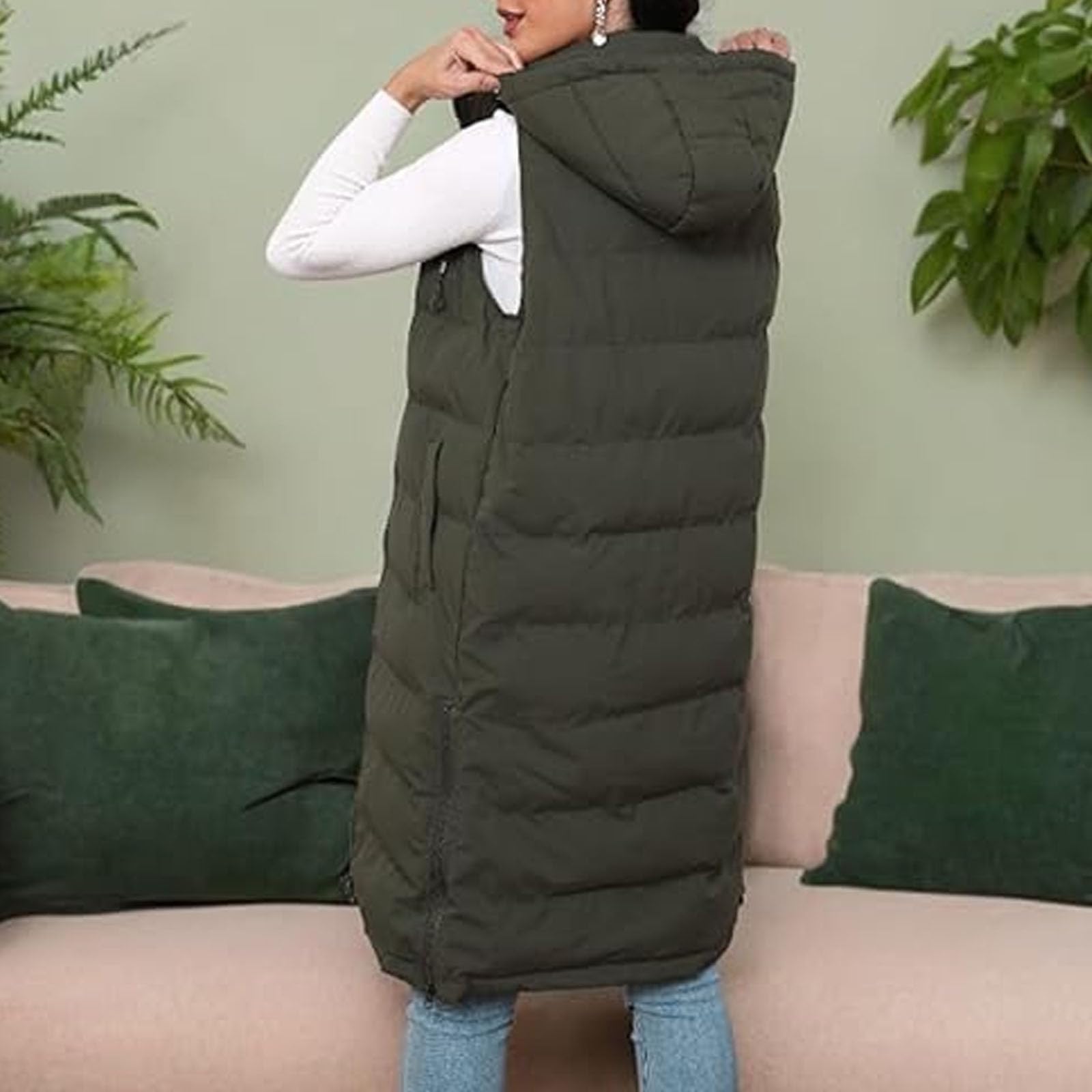 Chaleco largo sin mangas con cremallera para mujer, chaleco largo acolchado con capucha para mujer, chalecos gruesos de color sólido, chalecos clásicos de moda, cómodos y térmicos, chaquetas sin