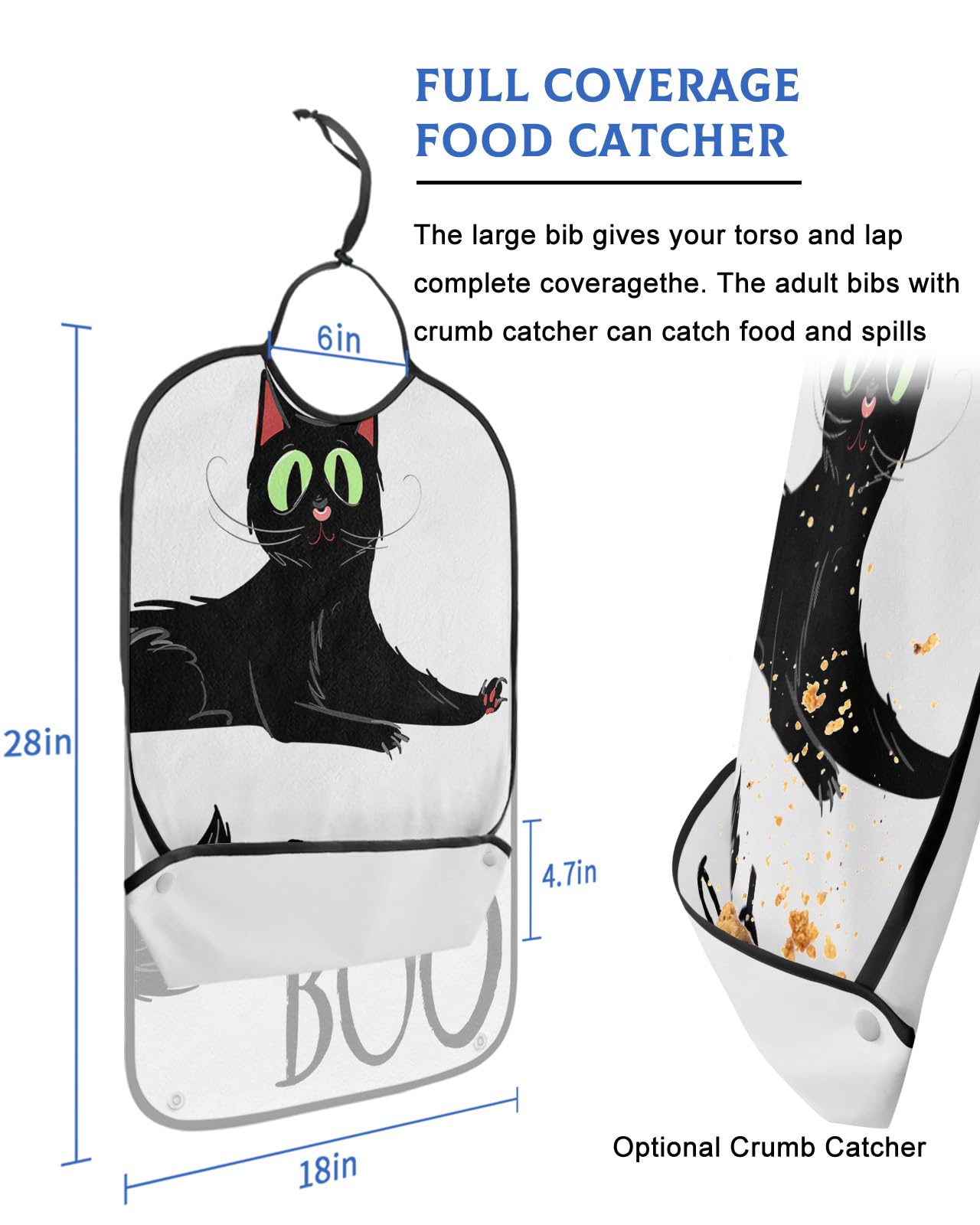 LEOKOTI Halloween Adult Bibs for Eating, Waterproof Bibs with Food Catcher & Adjustable Snap Closure, Horror Cat Black Boo Washable Clothing Protectors Adult Bibs for Elderly Women/Men