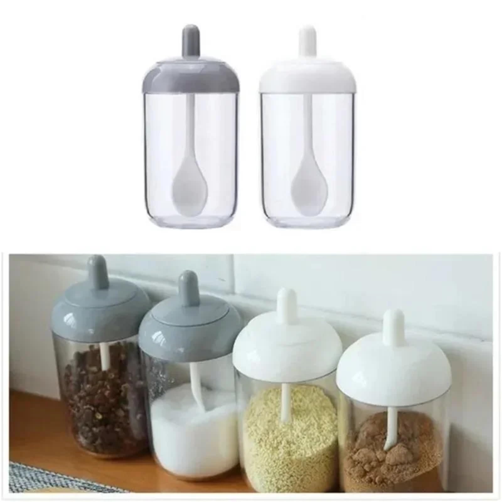 Tarro de especias redondo con tapa, cuchara, botella condimento, caja sellado, organizador cocina, 2 uds(Grey)