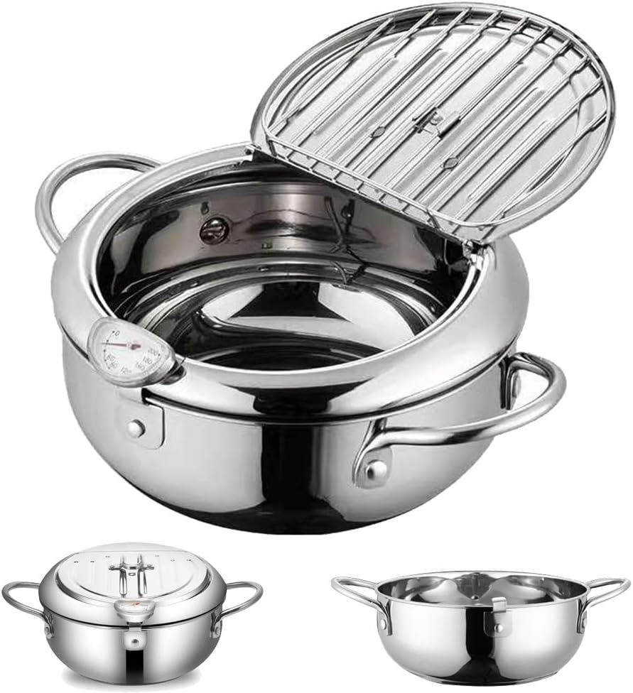 WSHA Tempura Deep Fryer Pot Japanese Style Frying Pan with Thermometer and Oil Drip Rack Lid, Stainless Steel Uncoated Frying Pan for Kitchen French Fries, Fish and Shrimp