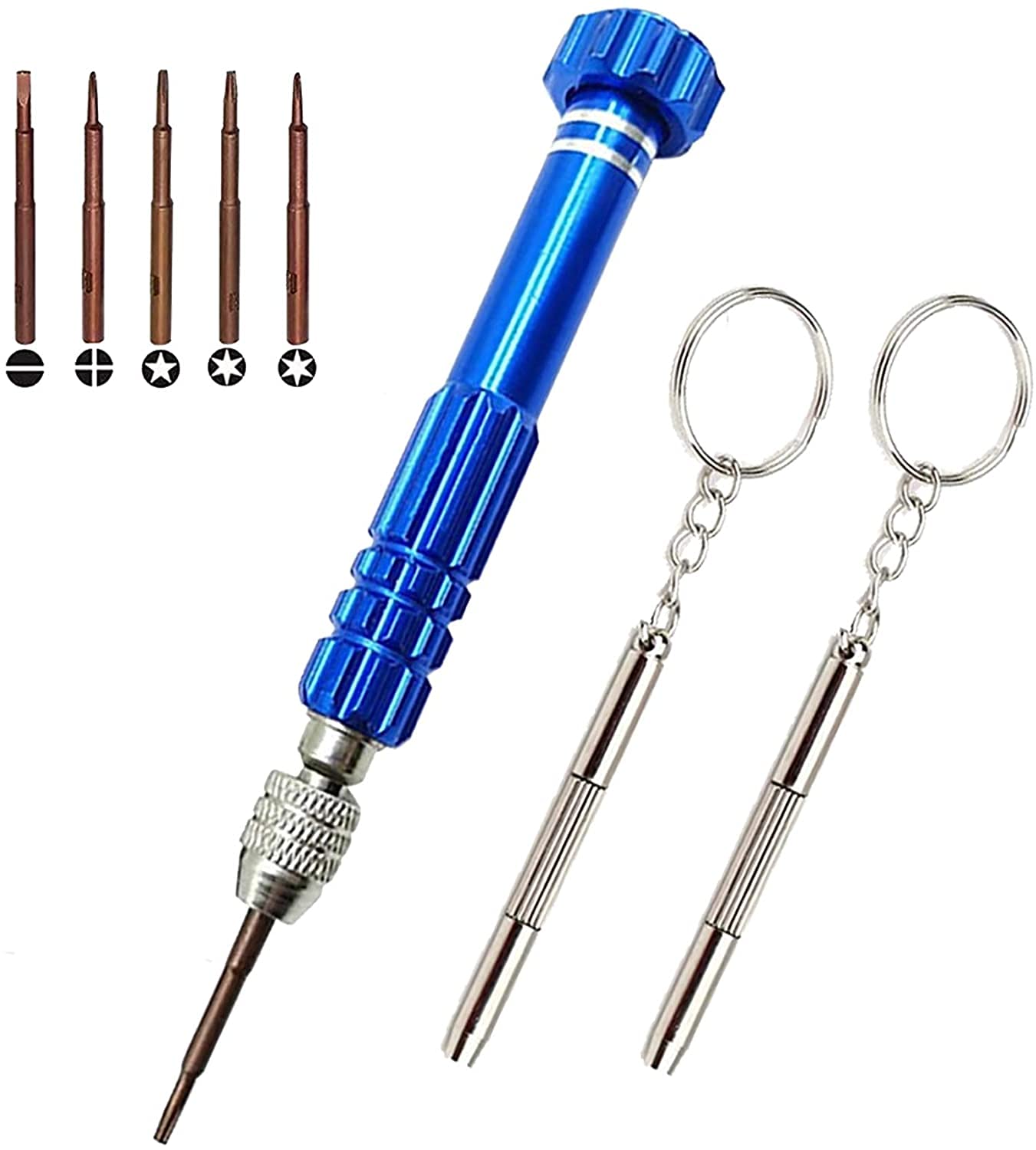 KASTWAVE Precision Screwdriver Set, 5-in-1 Multifunctional Micro Screw Driver(torxT5/T6,+1.5,-2.0,star0.8) & 3-in-1 Mini Keychain Screwdriver for Watch,Phone, Eyeglasses, Electronics Repair