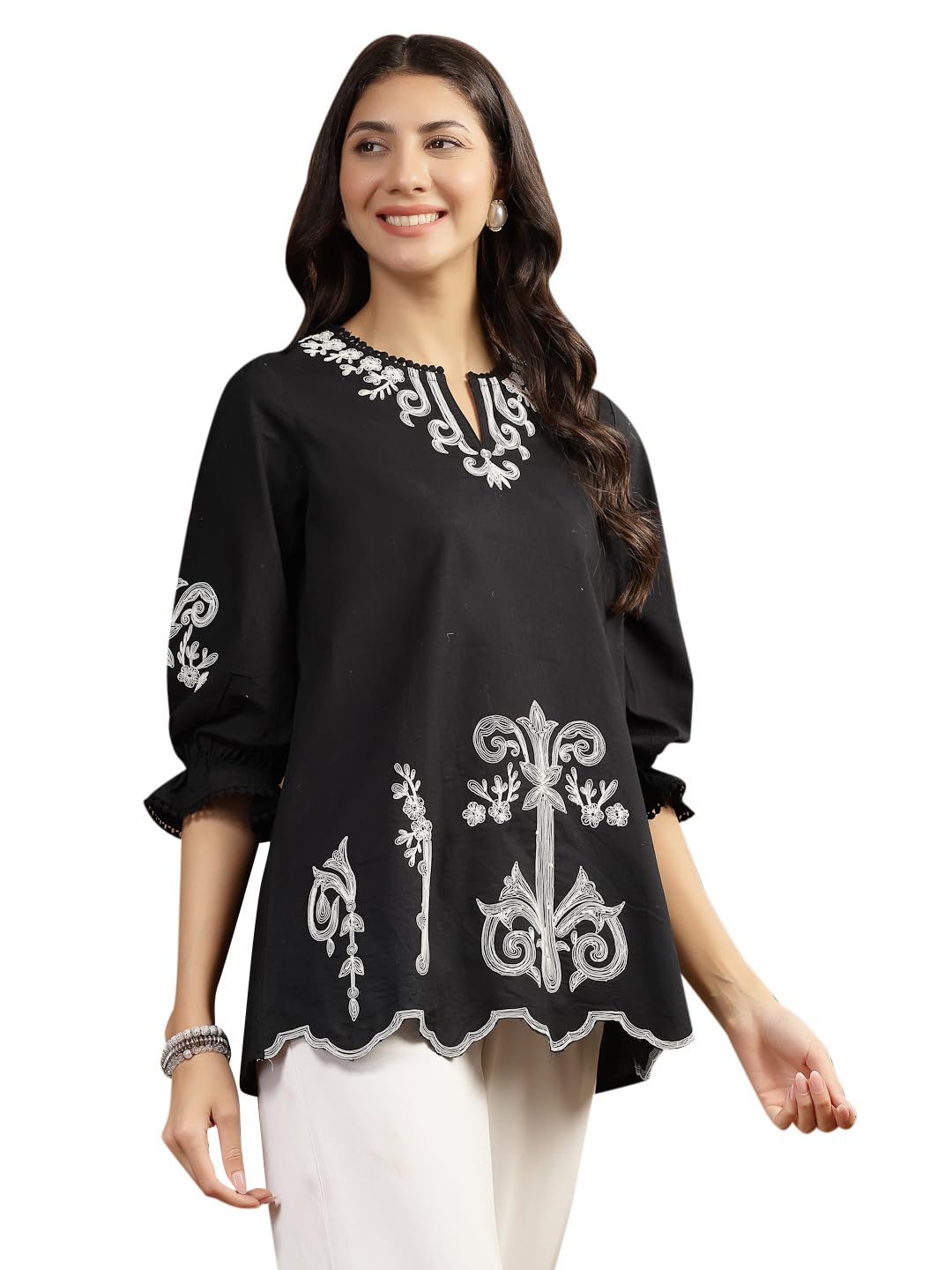 Black Floral Embroidered Round Neck Top for Women-image-22