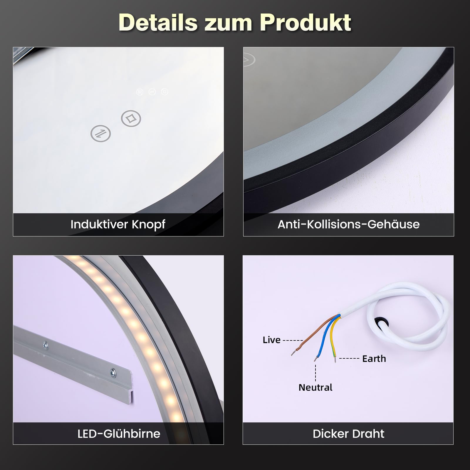 Runder Spiegel mit Beleuchtung, 50 cm, Badspiegel mit Beleuchtung, mit Touch-Schalter und Sicherheitsglas, 3 Lichtfarben Einstellbar, 3000 K / 4000 K / 6500 K