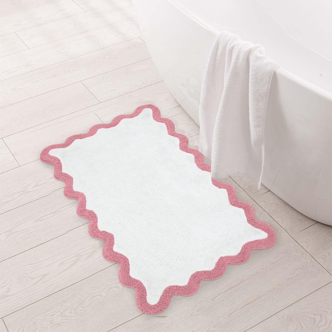 Folkulture Bathroom Rugs (20 x 32) | 100% Cotton Scalloped Pink Bath Rugs/Abosrbent Bath Mats for Bathroom, Washroom | Quick Drying, Machine Washable, Non Slip Bathroom-Mat for New Home Essentials