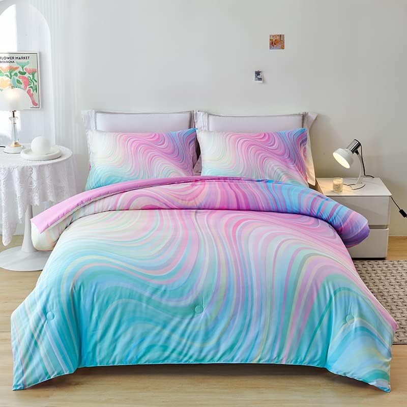 Helloosuu Girls Pink Comforter King,Pink Bedding Set for Girls,Tie Dye Comforter Set,Kids Comforter Set for Girls,Blue Pink Teen Comforter King with 2 Pink Pillowcases,Rainbow Comforter Set