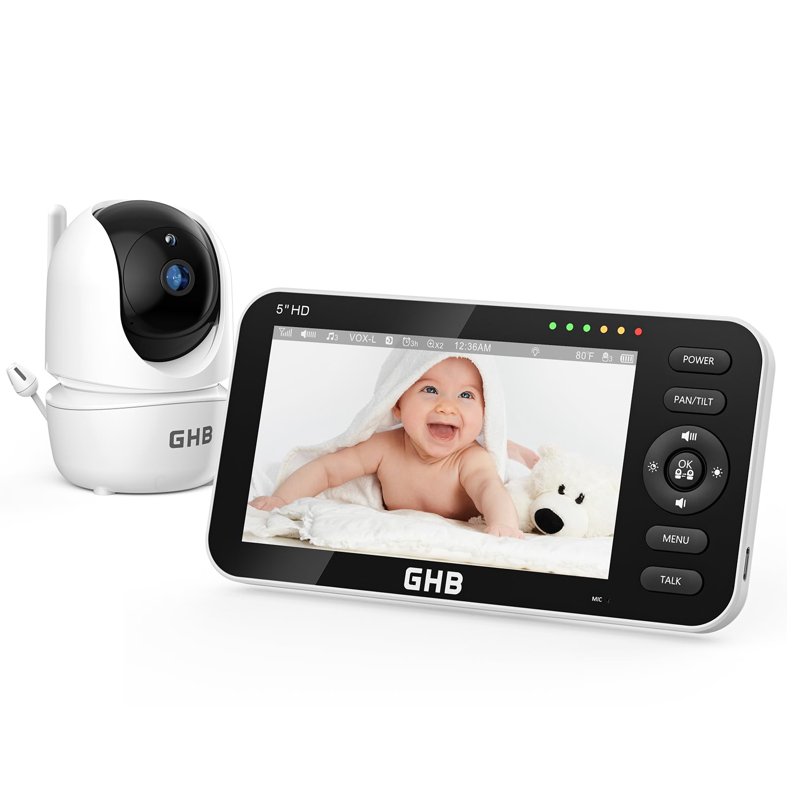 GHB Babyphone mit Kamera 5 Zoll 720P HD IPS-Display mit 4000mAh Akku Pan/Tilt 350°/110° VOX-Modus Gegensprechen Nachtsicht Temperaturanzeige