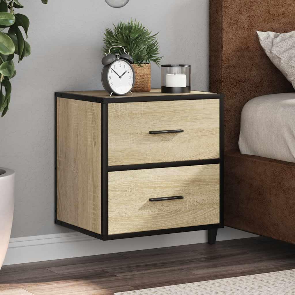 Wandmontierter Nachttisch aus Holzwerkstoff mit Metallgestell, Stauraum für Bücher und Accessoires, platzsparend für Schlafzimmer und Wohnraum
