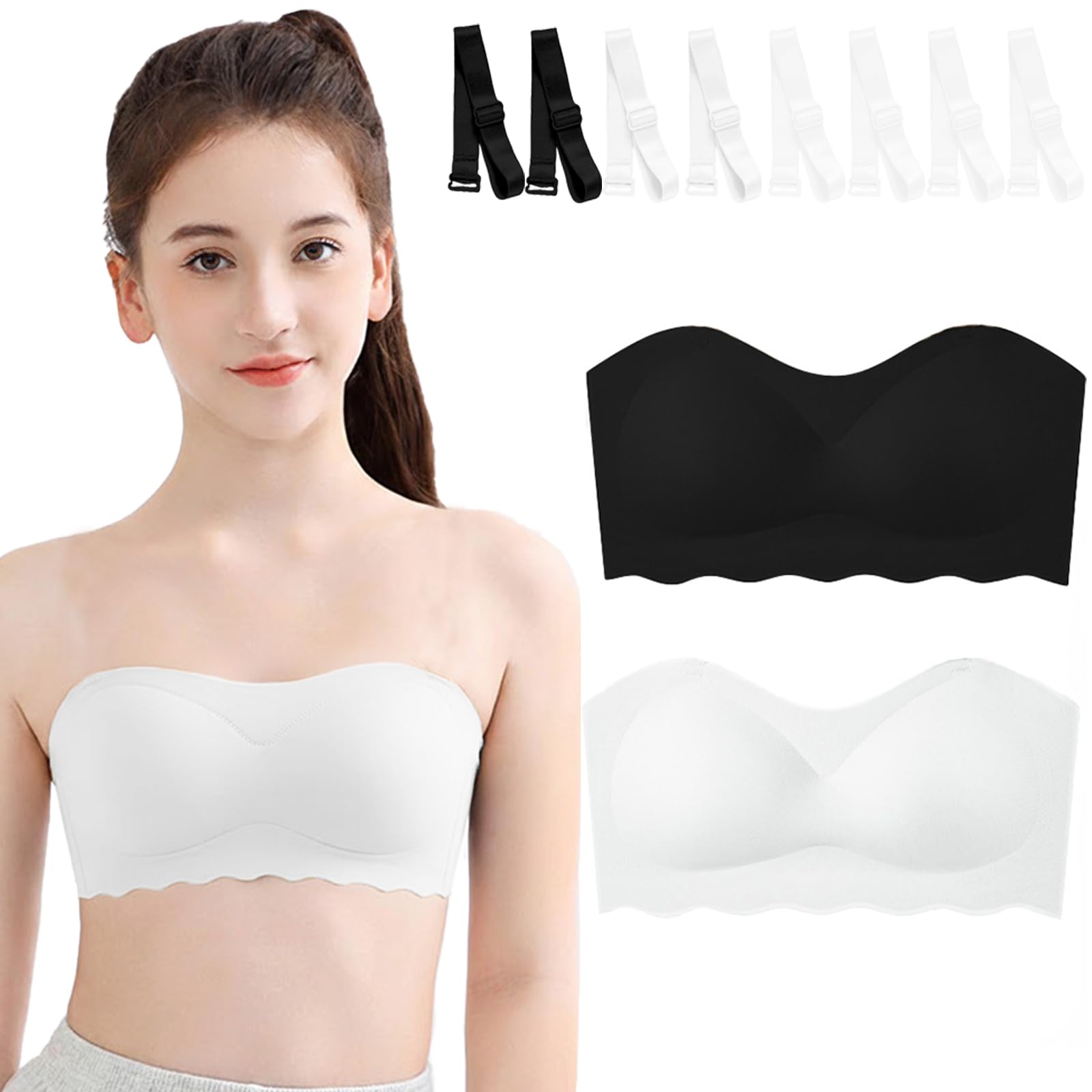 YuaLov Teen Girls Seamless Strapless Bra 2 Pack No Show Bandeau Wirefree Underwears Cool and Comfortable Undergarments Invisable T-Shirt Bralettes with Replaceable Straps for Kids 10-18 Years
