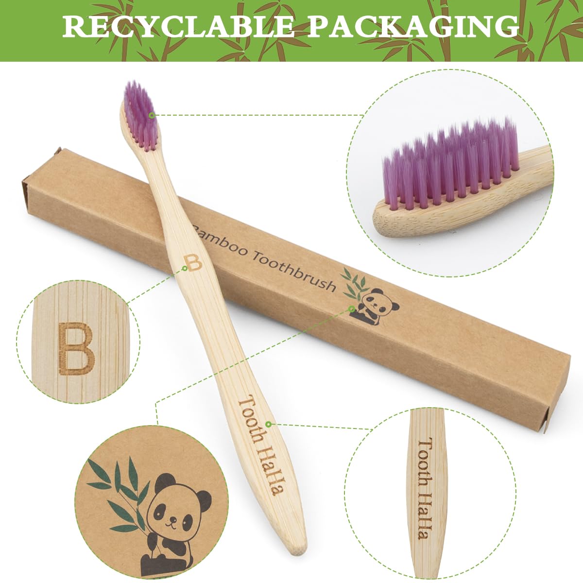 10 cepillos de dientes Banboo ecológicos y biodegradables para adultos | Juego de cepillos de dientes de viaje de madera orgánica vegana con embalaje reciclable | Diseño ligero y ergonómico