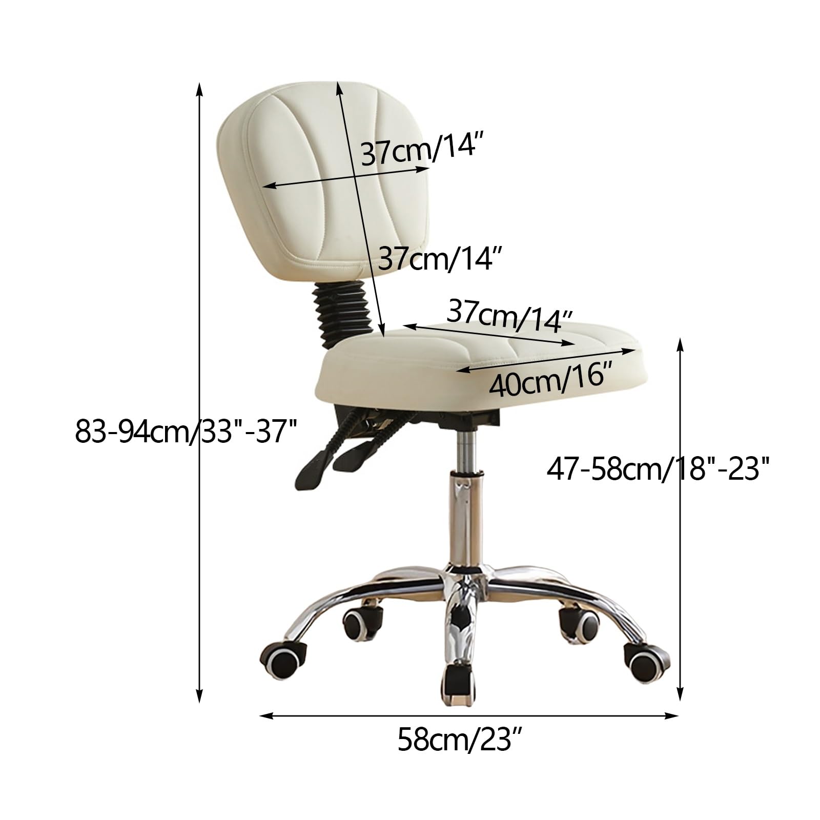 Ergonomiczny stołek z regulacją wysokości z oparciem, krzesło warsztatowe, do salonów piękności i studiów, brązowy stołek biurowy i warsztatowy, 47–58 cm