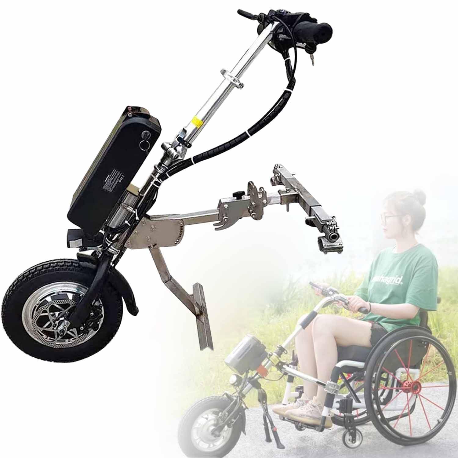 Dispositivo de tracción para Silla de Ruedas de 500 W,con luz Delantera, amortiguación y Trompeta, Kit de conversión de Silla de Ruedas eléctrica - Autonomía de 65 km A-17AH