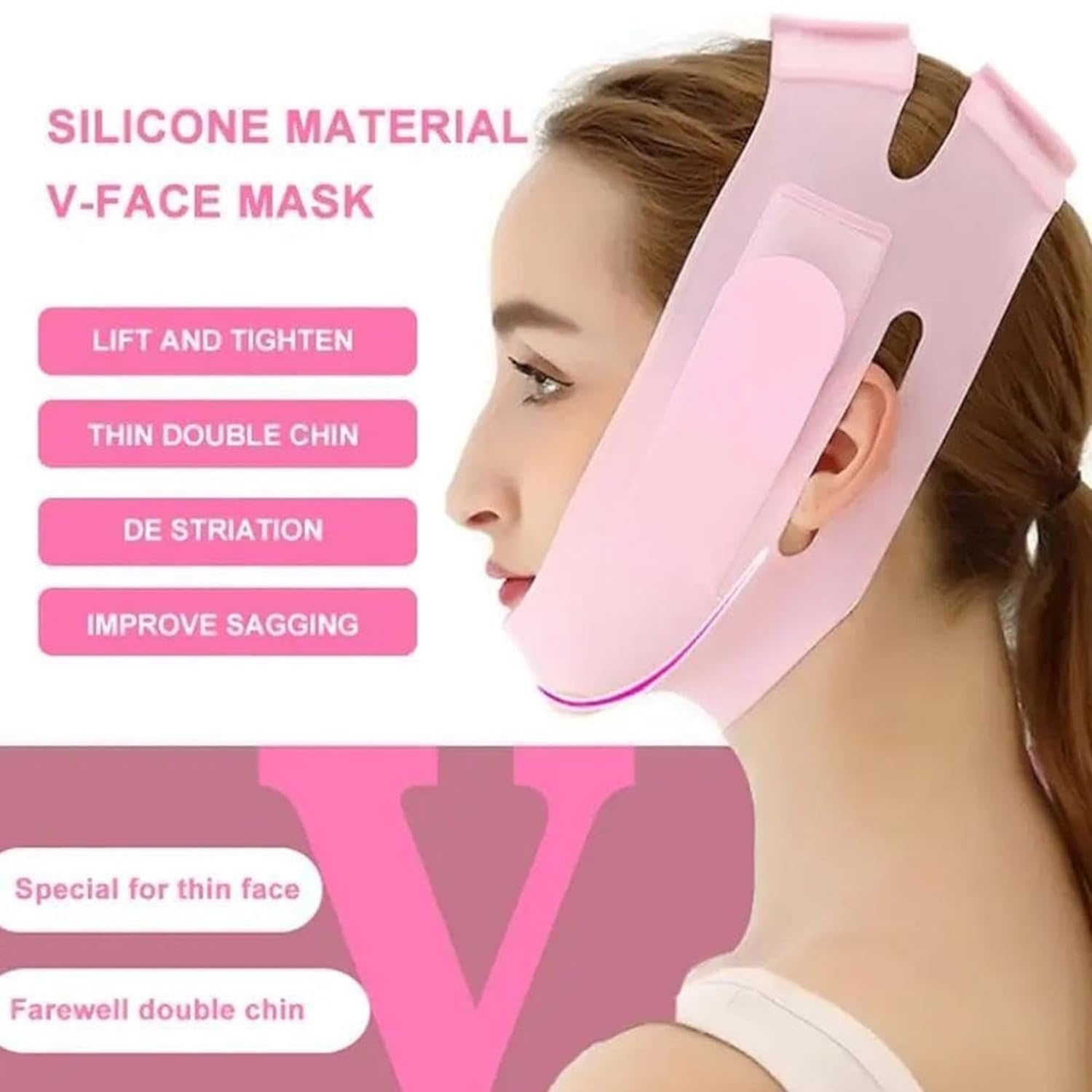 Silicone V Face Mask Face Lift Up Belt Facial Slimming Bandage Mask Cheek,Chin,Neck Slimming Thin Belt Face Slim Lift Band Mask Double Chin Reducer for Women and Men Tightening Skin (V-Line Mask) (Pink) 1