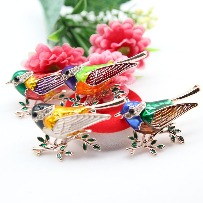 Image of coadipress Colorful Birds Brooch Pins Crystal Rhinestone Branch Bird Brooch Cute Enamel Animal Magpie Hummingbird Pin Fashion Jewelry Accessories Gifts
