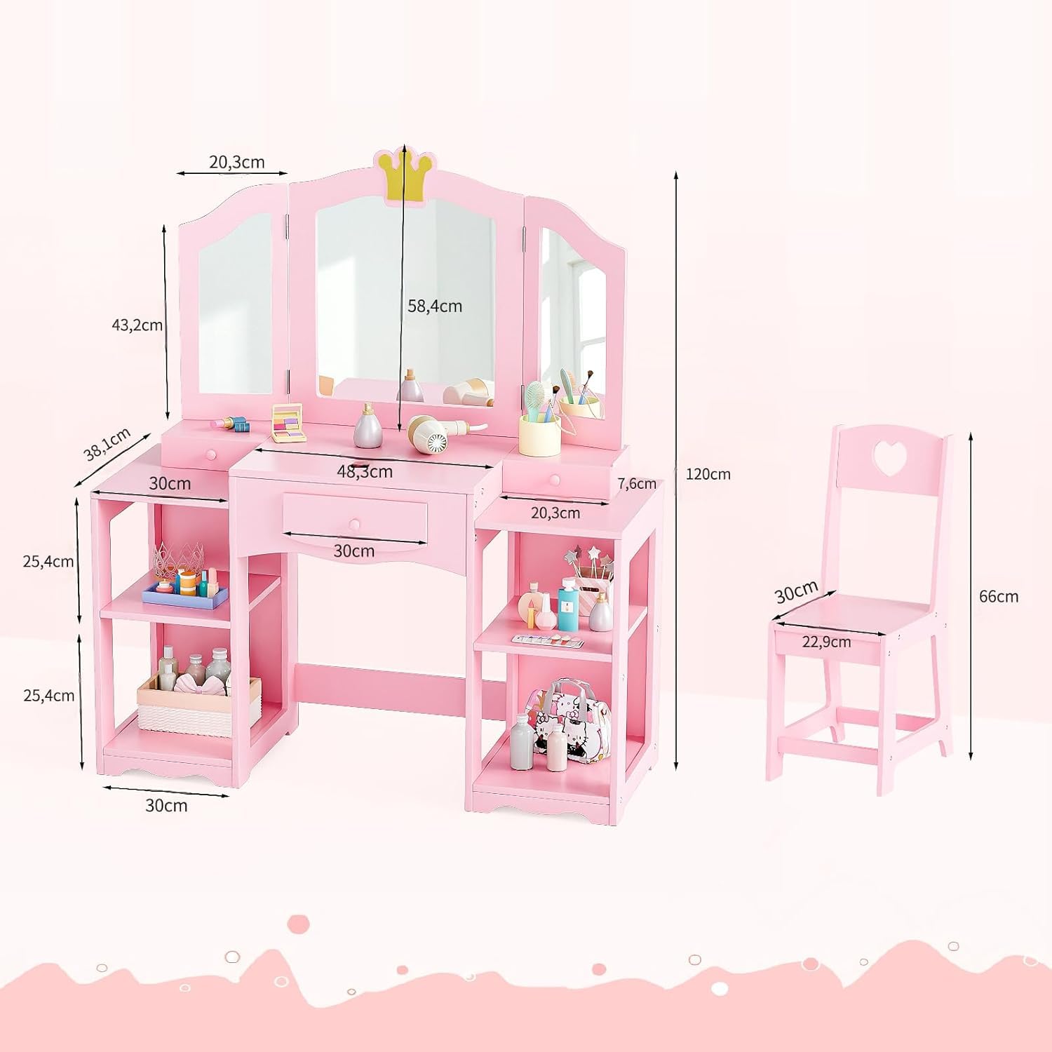 Bonnlo Tocador Infantil con Espejo de Tres Paneles y Taburete, Tocador para Niña con 3 Cajones y 4 Estantes Abiertos, Mesa de Maquillaje Infantil de Madera con Diseño de Coron (Rosa, Grande)