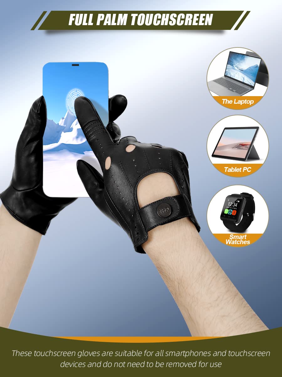 GSG SINCE 1998 Guanti Uomo Vera Pelle Guanti da Guida – Senza Fodera, Pelle di Pecora, Touchscreen, Design Traspirante con Fori, Chiusura a Bottone M210611