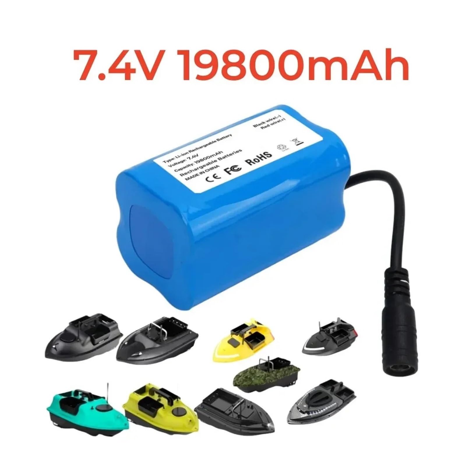 7,4 V 19800 mAh 2S2P Li-Ionen-Akku, Ersatzakku for RC-Köderboote T188 und T888, wiederaufladbarer Hochleistungsakku mit BMS-Schutz(2X Battery1xCharger)