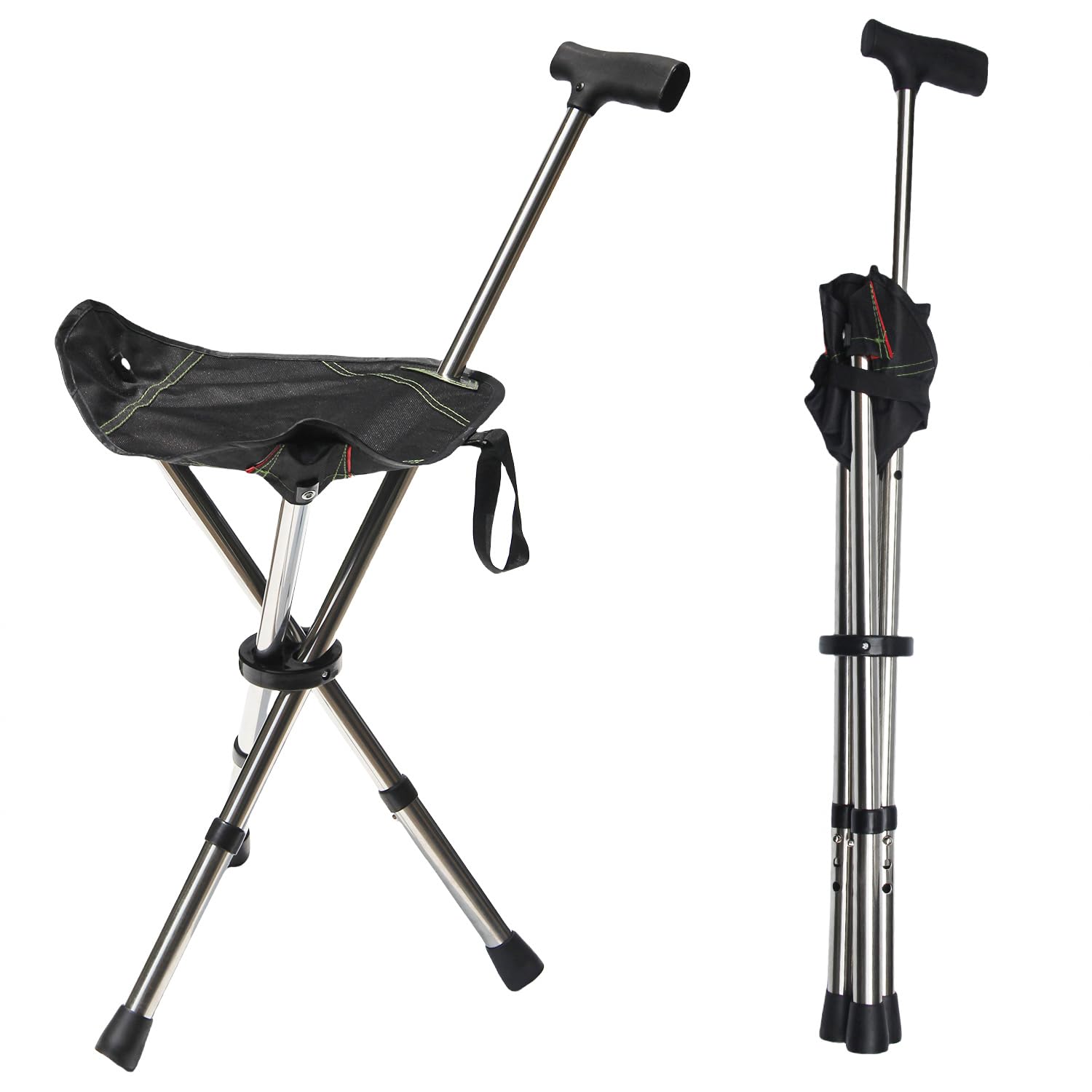 Cane with Seat, Walking Stick with Seats, Cane Chair Capacity 330lbs, Adjustable Height Folding Lightweight Portable Stool for Adults Seniors Camping Hiking