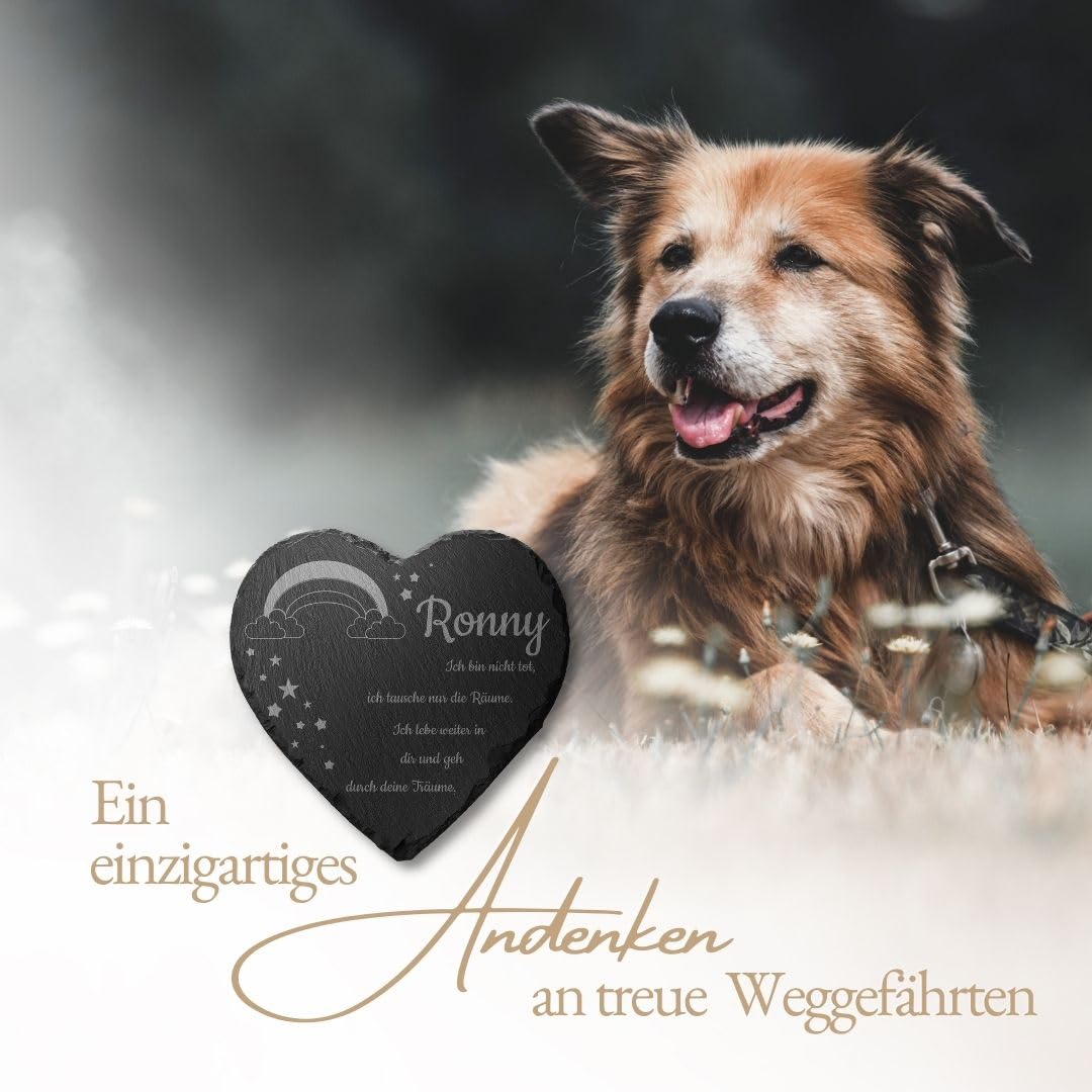 Tier Grabstein Herz aus Schiefer mit Gravur - riesige Motiv Auswahl - wetterfeste Imprägnierung! - Katzen o. Hunde Gedenkstein - personalisiertes Andenken an Haustiere