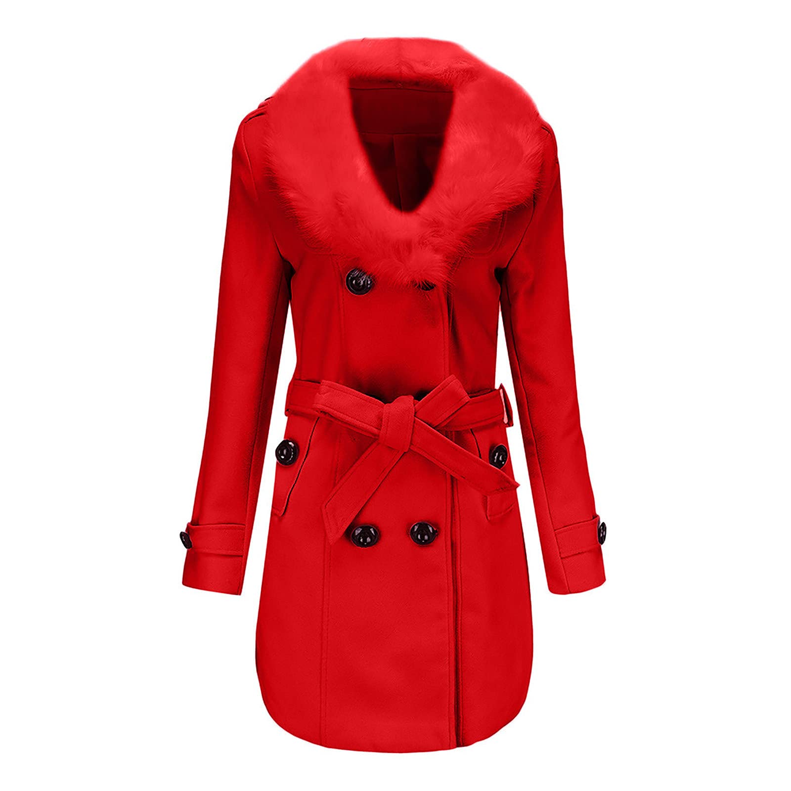 FUPODD Wintermantel Damen Lang Elegant Damen-Mäntel Winter Fellkragen Warm Wollmantel Zweireihig Winterjacke Mittellang Wolle Mantel Mit Gürtel Trenchcoat Frauen Pelzkragen Damenmantel Mit Taschen