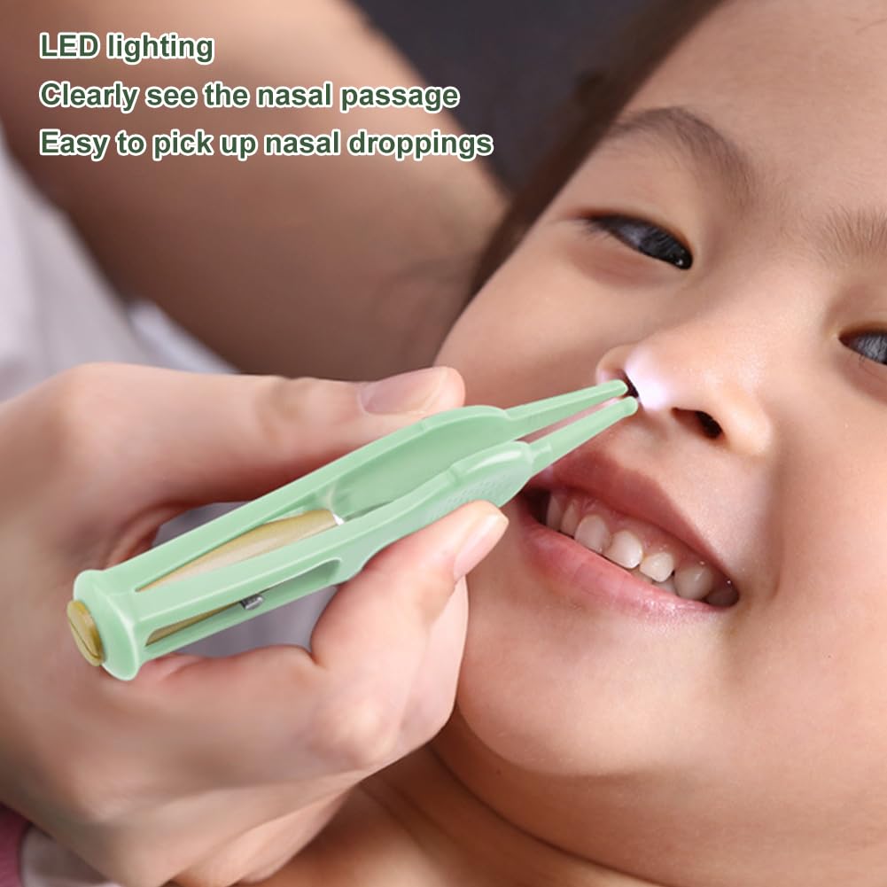 Nez Nettoyage Pince à Épiler avec Lumière LED,Pinces de Nettoyage du Nez,Oreille,Nombril,Pinces à Epiler pour Bébé,Pince à Épiler Plastique à Tête Ronde,Sécurité pour Bébé Brucelles,2PC