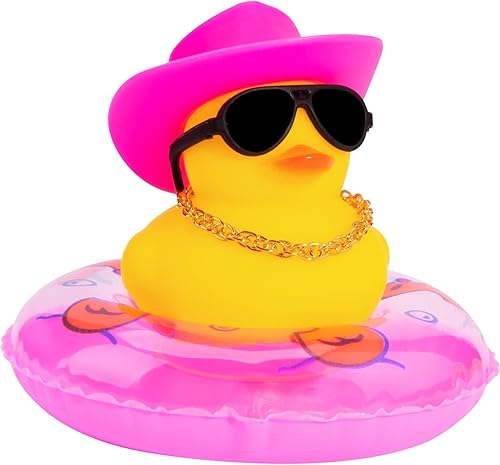 wonuu Pato de goma para automóvil, decoración de pato amarillo con sombrero para el sol, anillo de natación, collar, gafas de sol para decoración de