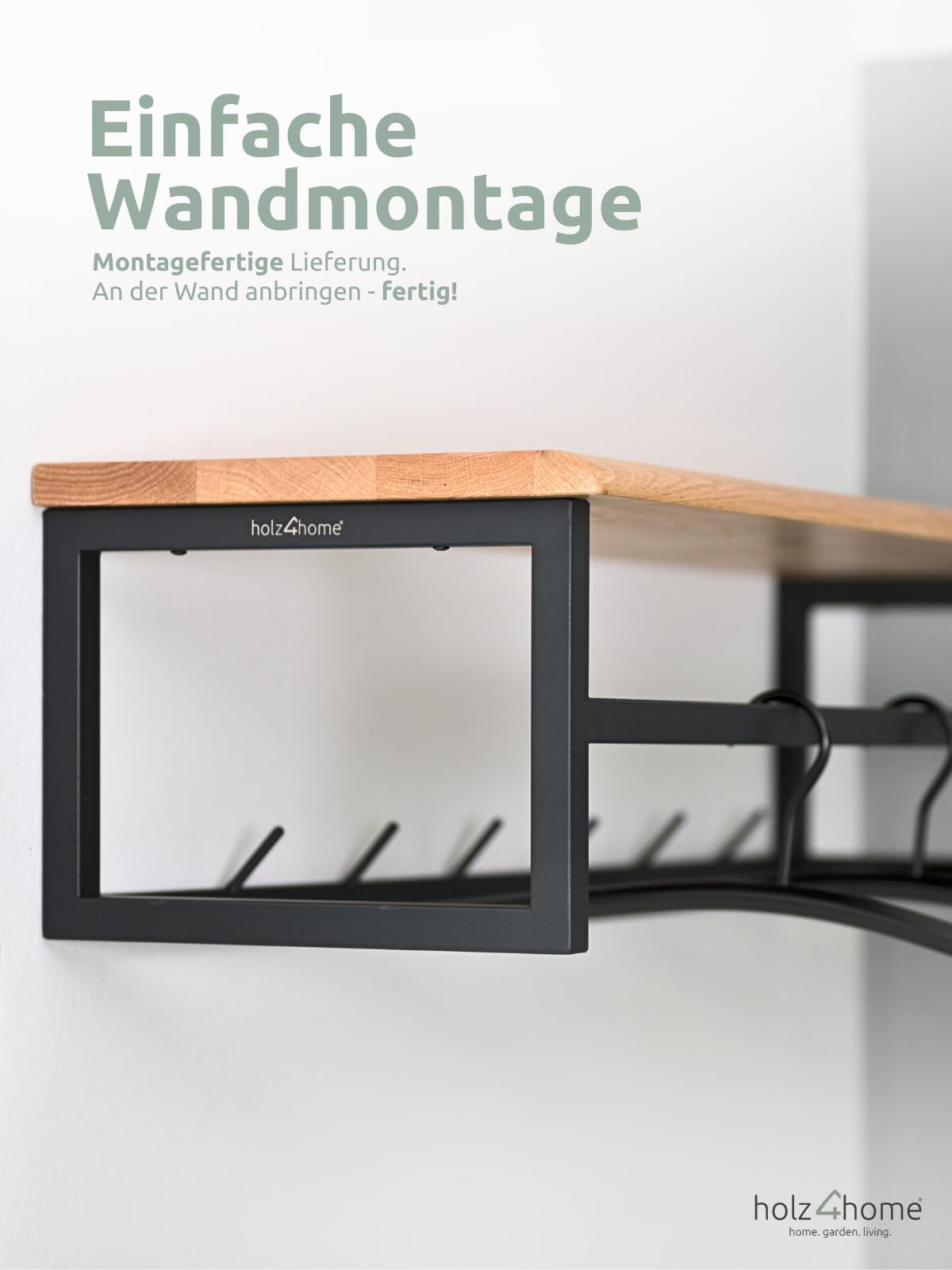 holz4home® Garderobe aus Massivholz mit Baumkante I 92x29x22cm I Naturgeölte Wandgarderobe aus Eichenholz I Metallrahmen inkl. Kleiderbügel