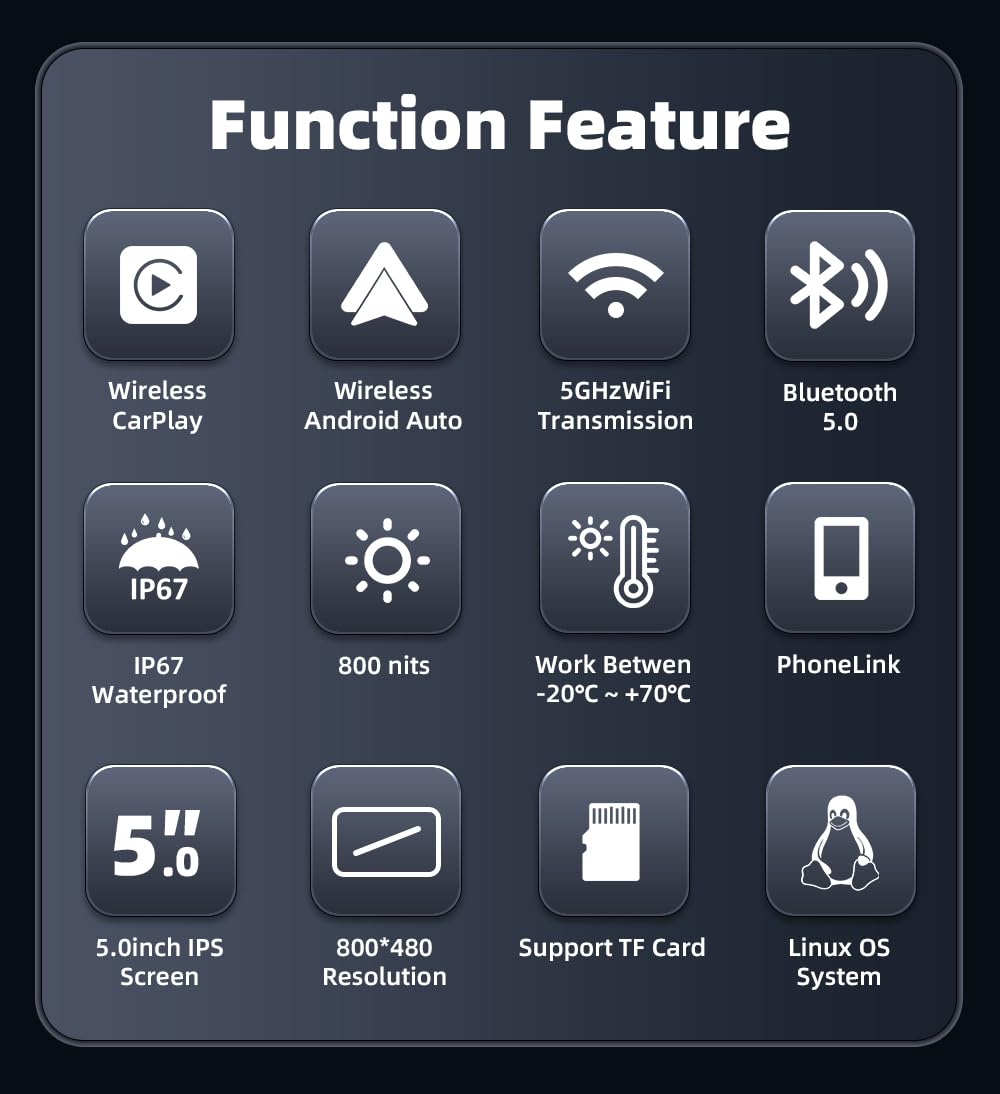Bezprzewodowy odbiornik samochodowy CarPlay i Android do motocykla, ekran dotykowy IPS 800 nitów, IP67, wodoodporny ekran dotykowy, BT 5.0, obsługuje mapy / muzykę za pośrednictwem smartfona