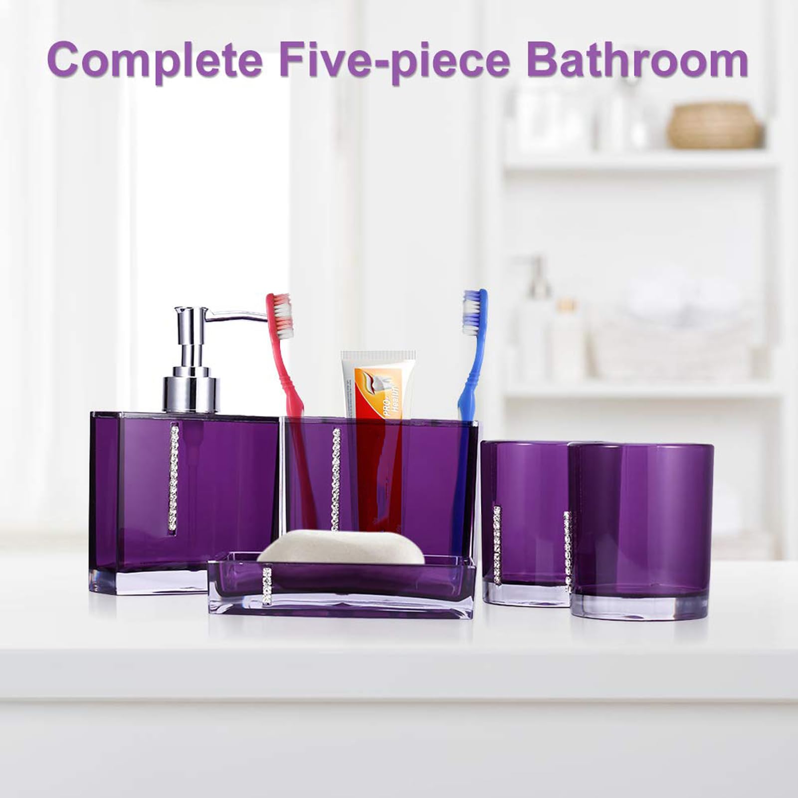 Juego de 5 unidades de tocador de baño de acrílico con soporte para cepillos de dientes de cristal, juego de dispensador de jabón, vaso, recipiente de loción líquida, juego de soporte para cepillo de