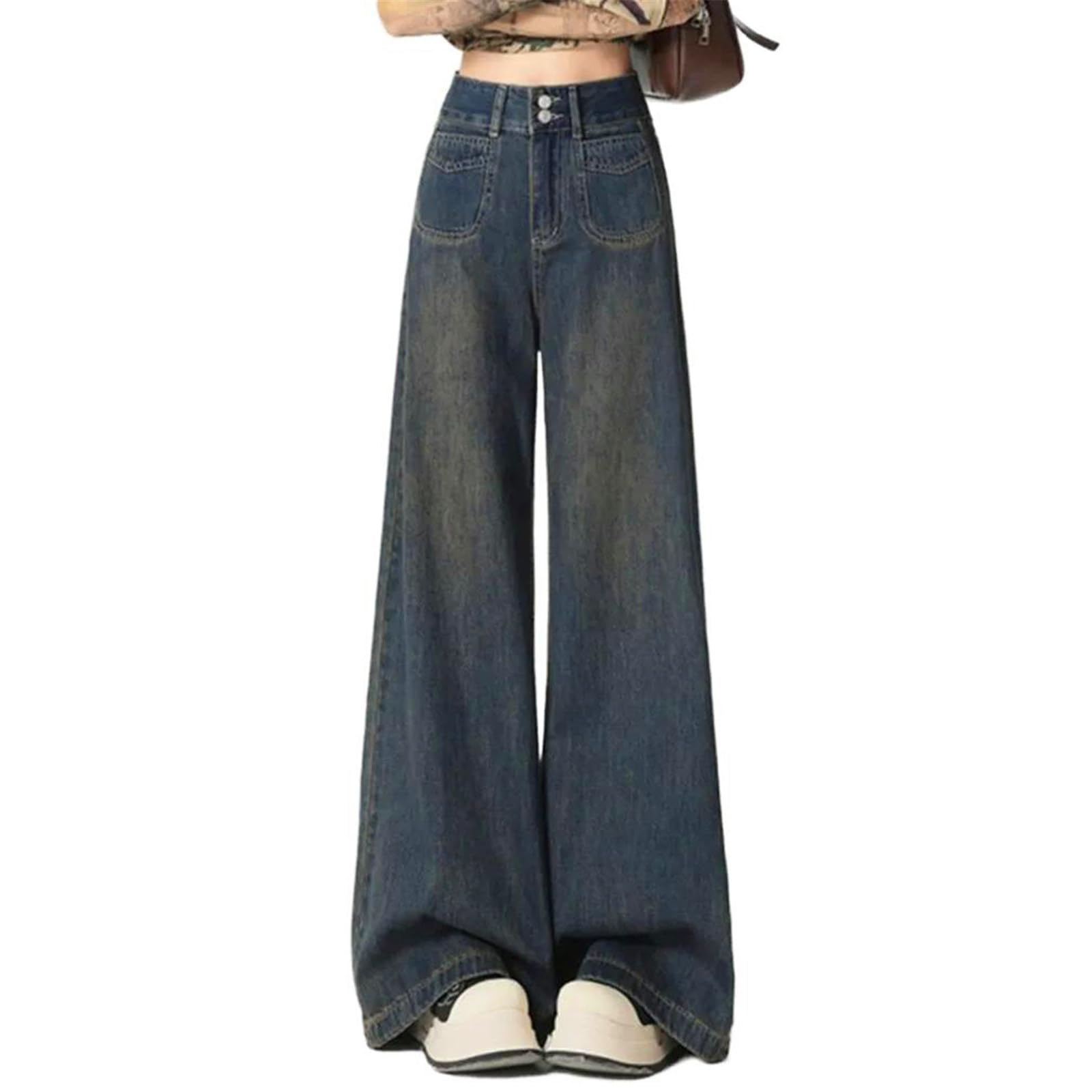 Pantalones Vaqueros para Mujer Tiro Alto Holgados Rectos Coreano Vintage Pierna Ancha Jeans para Mujeres