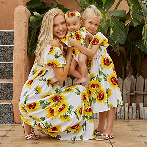 Image of PopReal Mommy and Me Dresses Floral Printed Chiffon Bowknot Ruffles Short Sleeve Beach Mom Daughter Matching Outfits