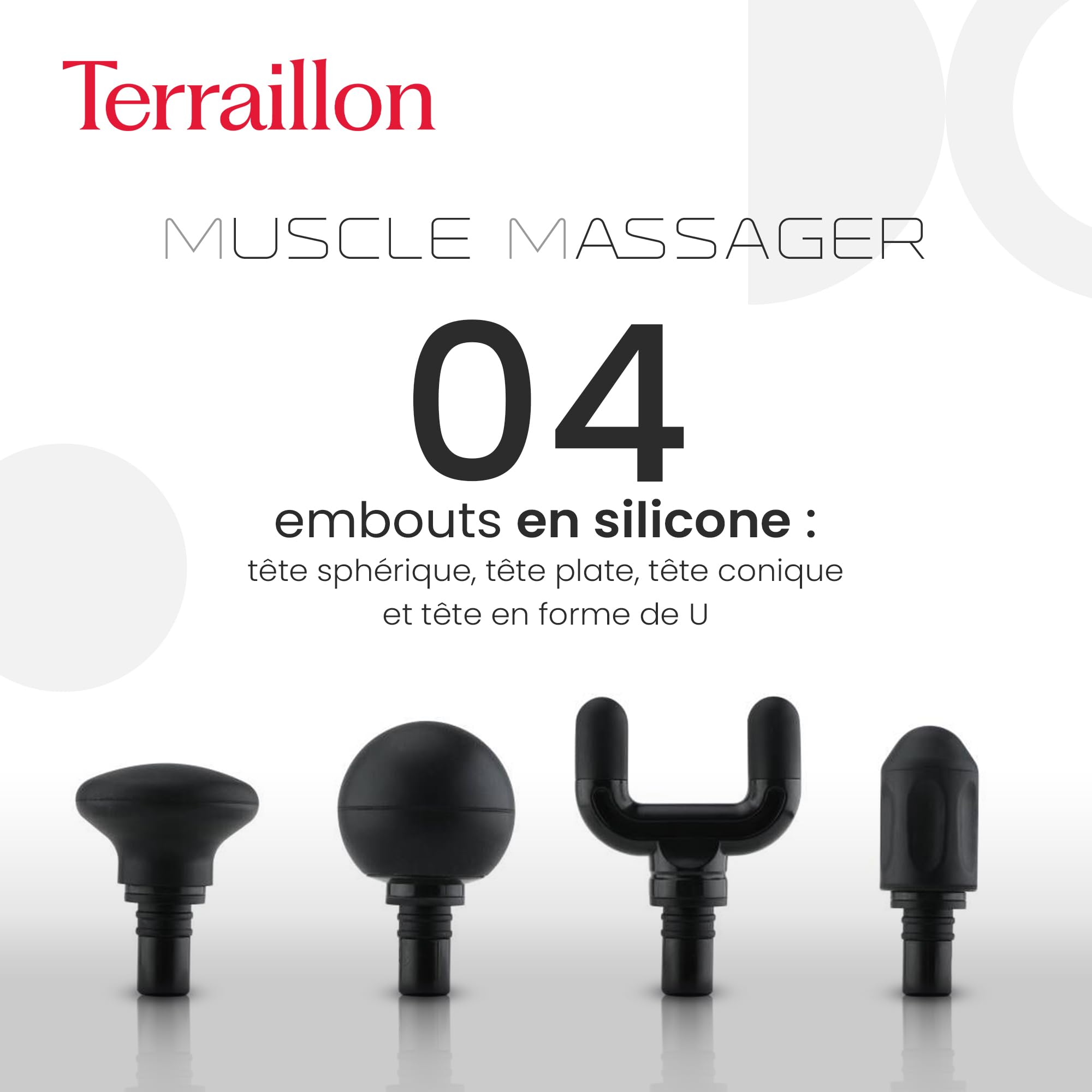 TERRAILLON - MUSCLE MASSAGER Muskelmassagepistole, 3 Geschwindigkeiten 1800-3200 RPM, Entlastet und entspannt die Muskeln, 5 Silikonaufsätze, davon 1 2-stufig beheizbar, USB-C, inkl. Etui