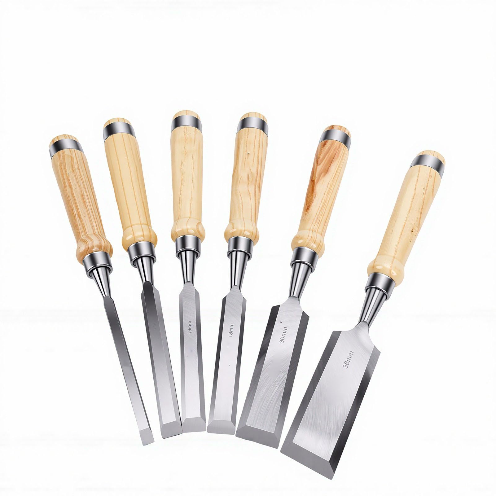 SEAFRONT Set di Scalpelli per Legno, Scalpelli a Smusso in Acciaio CRV, 6 | Larghezza Lama 8-38 Mm, Acciaio 60CRV, Smusso 25°, Coprilama, Manico Legno