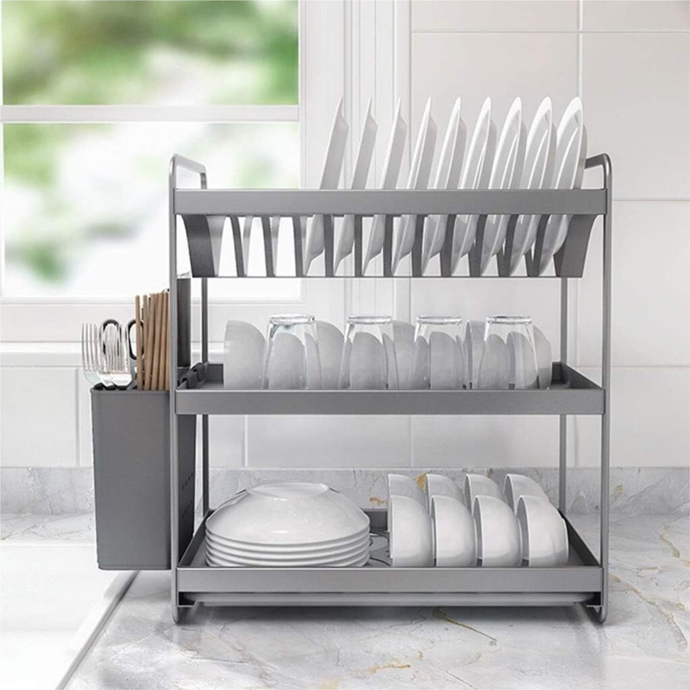 Escurreplatos, Rejilla escurridora Estante De Secado Multifuncional 3 Capas con Escurridor Extraíble Fregadero Cocina Espacio Aluminio Soporte para Platos