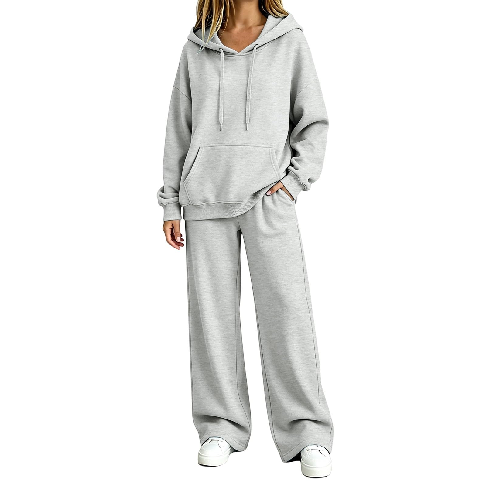 Tuta da jogging da donna elegante in due pezzi, tuta sportiva per il | Con tasca a marsupio, felpa con cappuccio e gamba larga, pantaloni da jogging in due pezzi, casual, vestibilità regolare