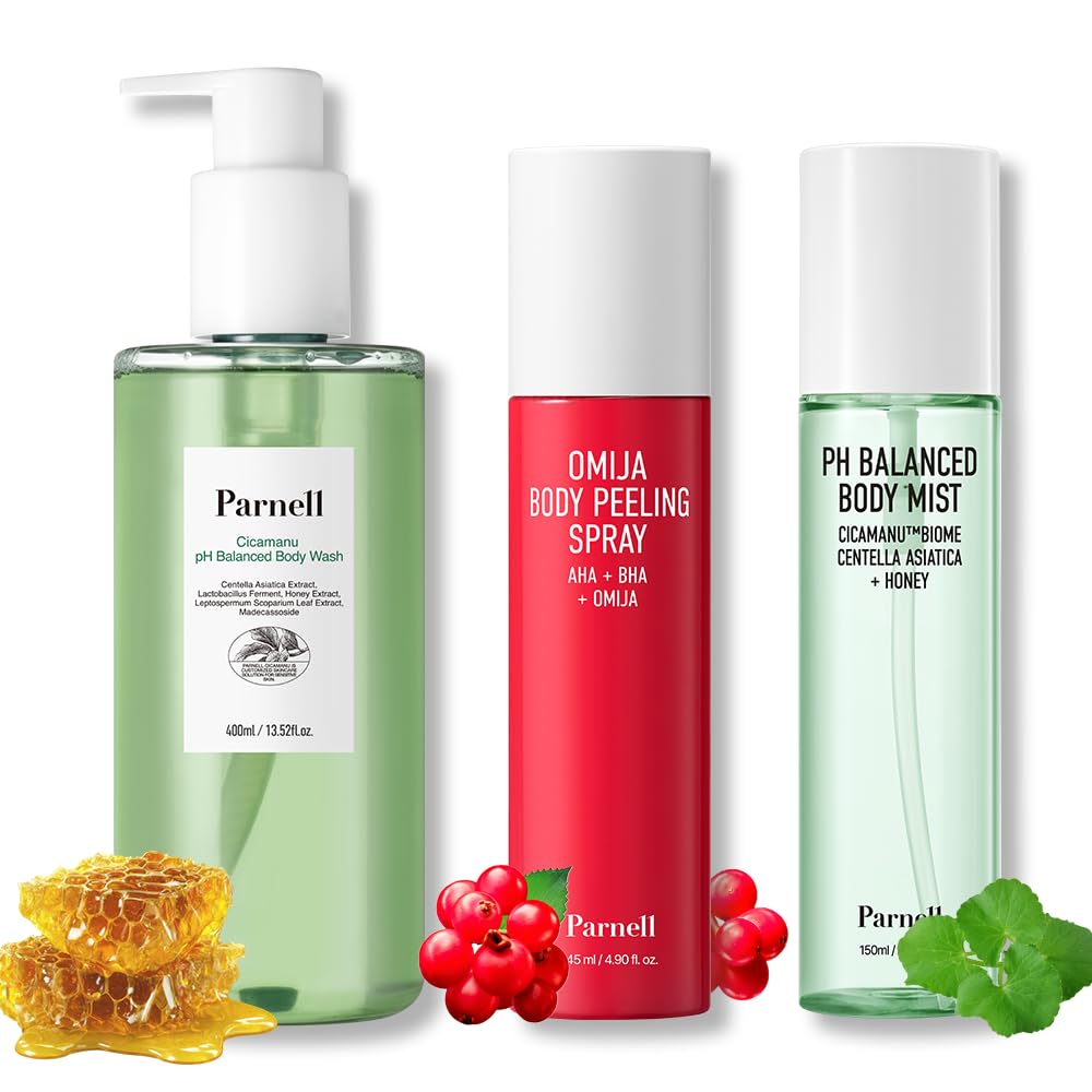Parnell Body Care Routine Bundle - Omija Body Peeling Spray, Cicamanu Body Wash & Body Mist | Korean Skincare Set for Smooth & Glowing Skin | Gentle Exfoliating & Soothing Kit for Sensitive Body Skin