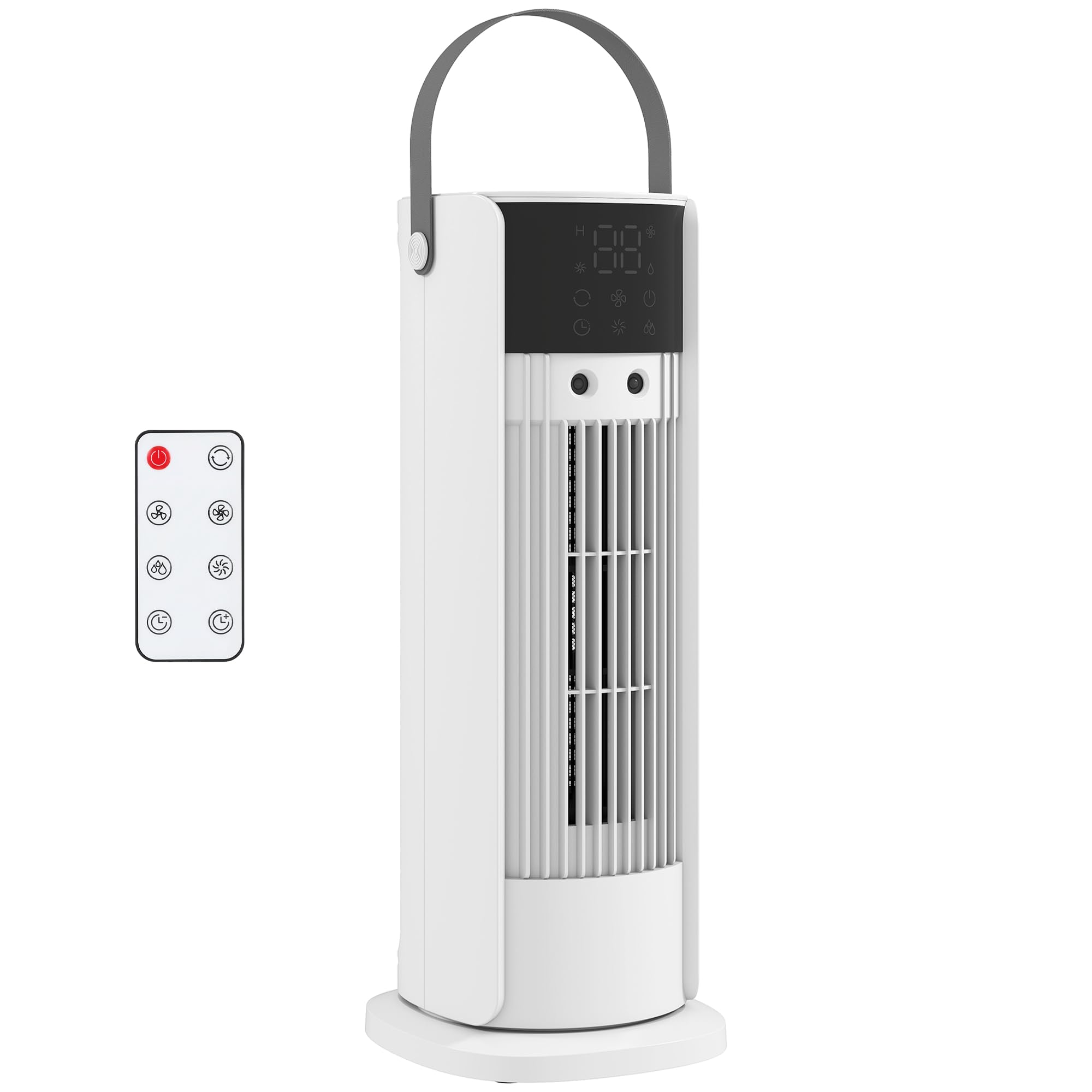 HOMCOM Wentylator wieżowy, mały wentylator, funkcja mgły, wyświetlacz LED, 41 cm | 3 prędkości, silnik DC, oscylacja 90°, wentylator stołowy z timerem, uchwyt, pilot zdalnego sterowania, do biura, na kemping