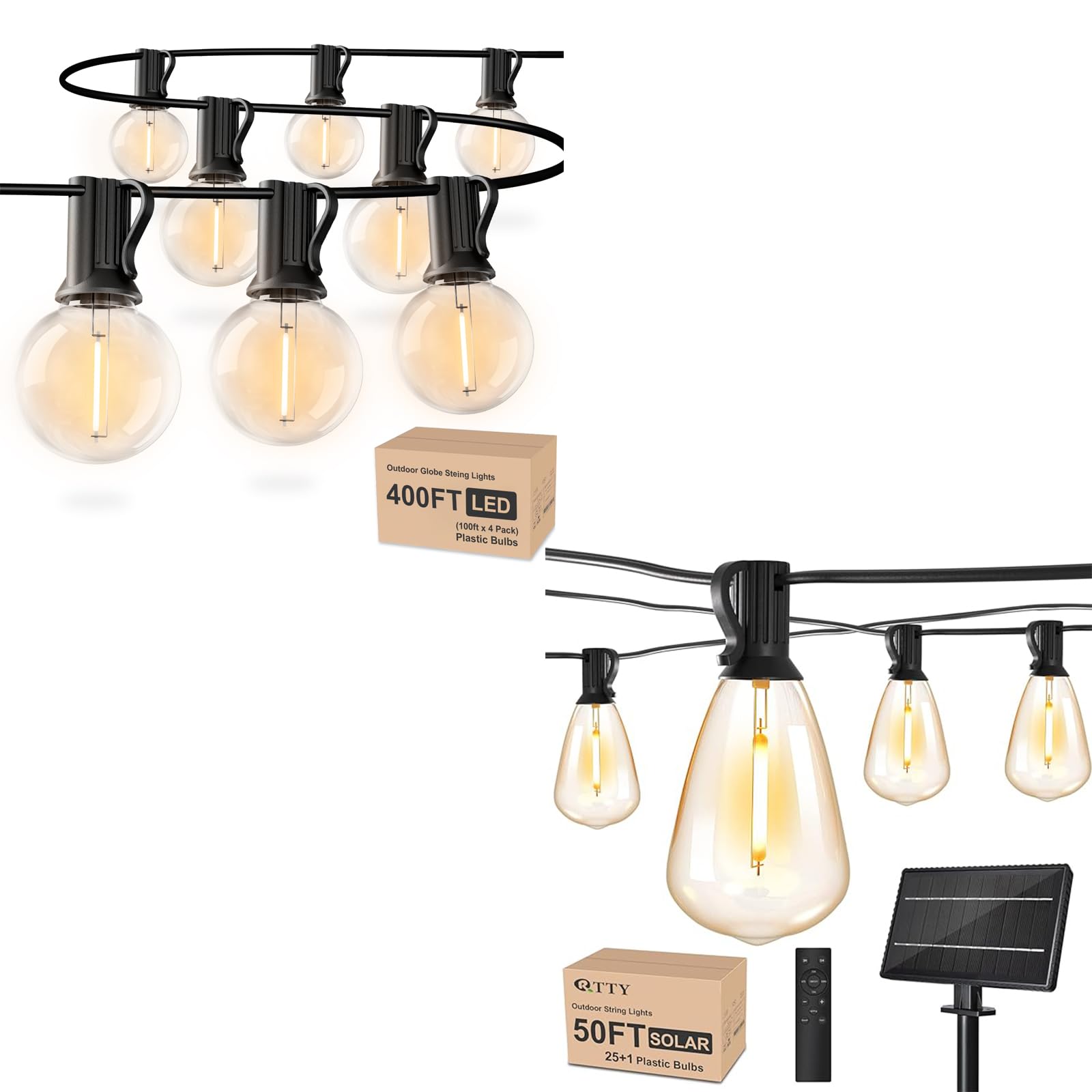 RTTY Outdoor String Lights,400FT G40 Led Patio Lights and 50FT ST38 Solar String Lights with Remote
