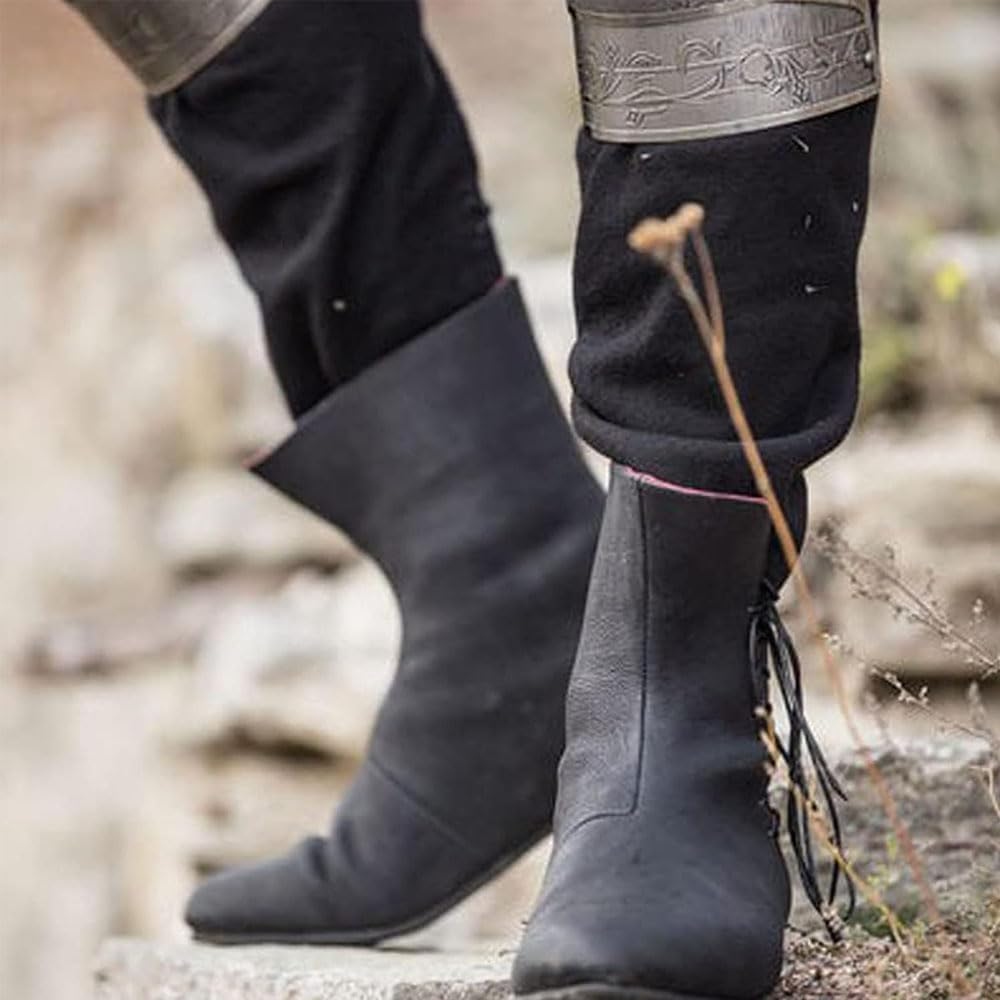Średniowieczne buty rycerskie dla dorosłych Cosplay, renesansowe retro wszechstronne wiązanie liny płaskie dno buty środkowe, czarne, 46 EU