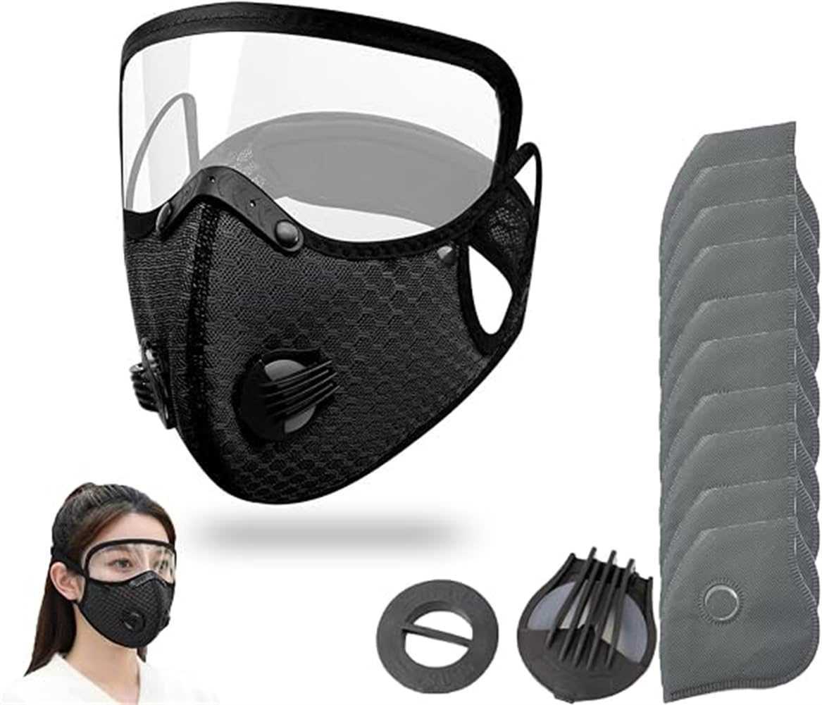 Reusable Carbon Filter Dust Mask with Adjustable Goggles,Activated Carbon Face Mask,Anti-UV-5-Layer Filte with 10 Filters and 2 Valves with Adjustable Goggles for Woodworking Mowing Dust (Black)