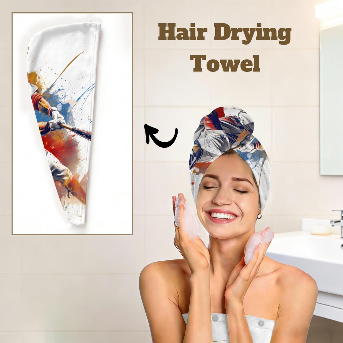 Mikrofaser-Duschtuch für Damen, mit Haar-Handtuch, Baseballspieler-Softball-Hitter, schwingende Arme, weiche Körperwickel, Kleid mit Haartrocknungskappe für Strand, Pool, Spa, 2 Sets