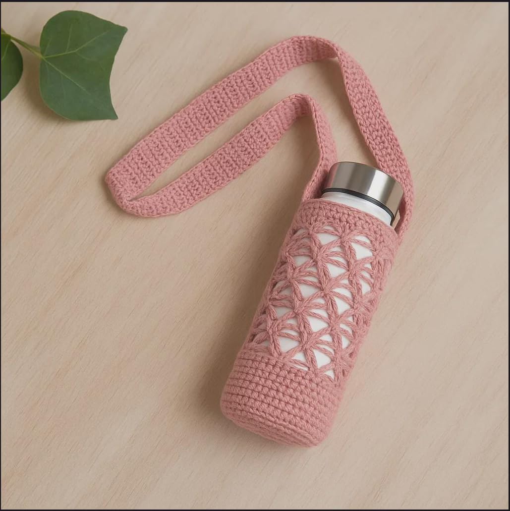 Handmade Crochet Water Bottle Holder - Pink -3 Handmade Crochet Water Bottle Holder - Pink -3