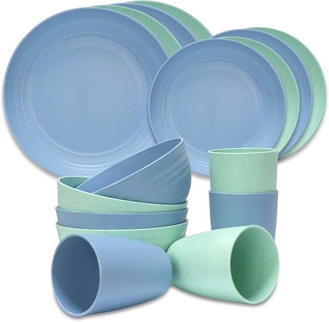16PCS Plates and Bowls Set, Plastic Dinnerware Sets, RV, Party Dinner Plate Mug Cutlery Set Microwave & Dishwasher Safe, Perfect for Picnic,Kids,Elderly