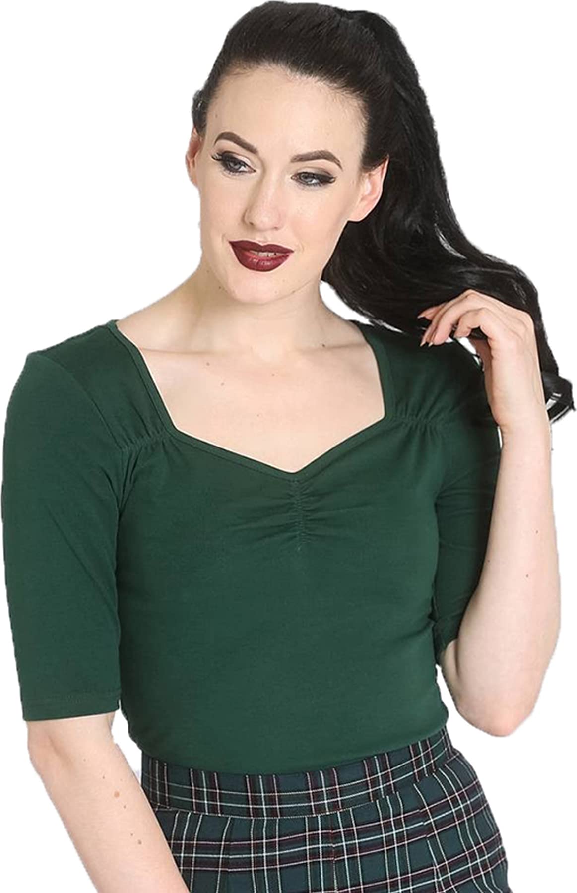 Hell Bunny Shirt 50s Rockabilly Top Philippa Dark Green 3/4 Sleeves L 14