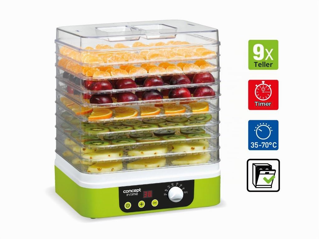 CONCEPT Hausgeräte SO1060 Dörrgerät IN TIME mit Zeitschaltuhr, 9 rechteckige Einlegeböden, grün, Display, stufenlose Temperatur-Einstellung 35-70°C, Extra Groß