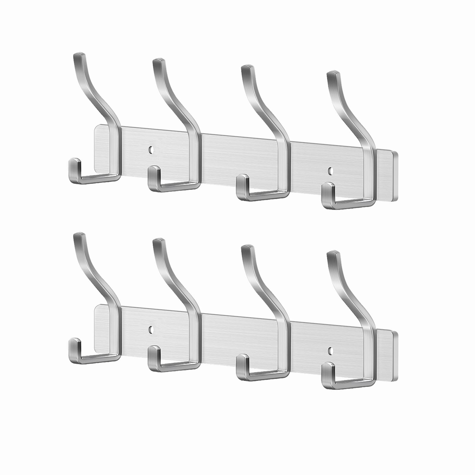 MEIJO Coat Hooks Wall Mounted Stainless Steel, Silver Coat Rack Wall Mounted with 4 Hooks Heavy Duty Coat Hooks for Door, Bathroom, Bedroom, Kitchen (Silver, 4 Hooks, 2 Pcak)